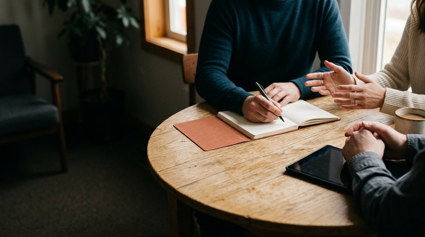 Mãos de pessoas em conversa ao redor de uma mesa de madeira, com um caderno aberto e uma caneta